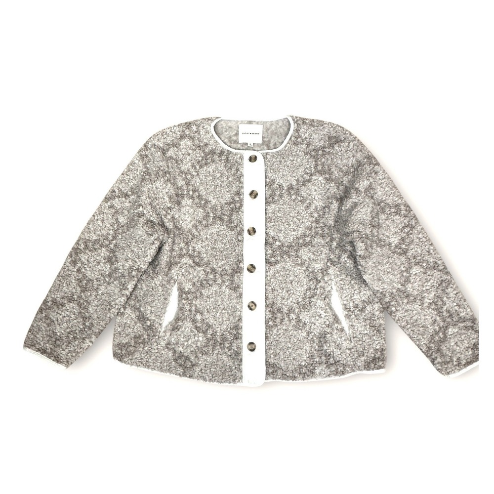 Lucky Brand Faux Shearling Teddy Jacket Women XL Grey‎ Beige Quilted Placket